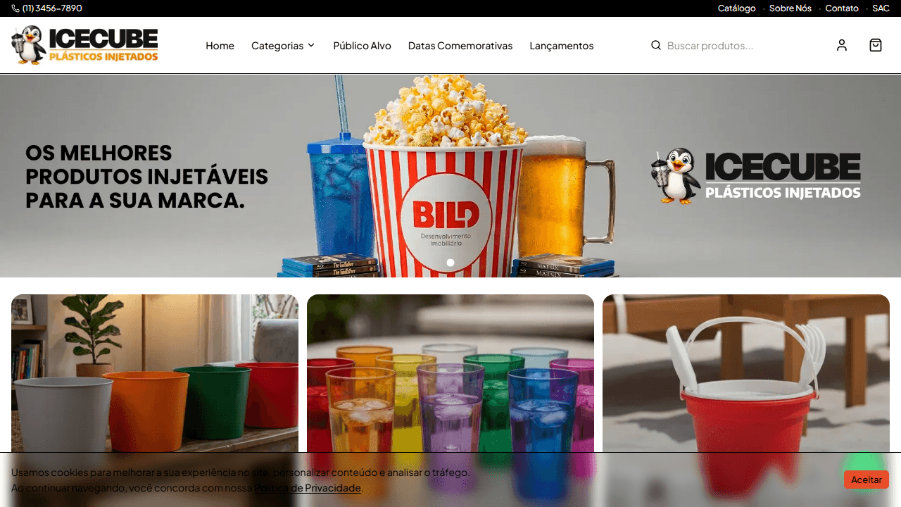 Página da IceCube com catálogo de produtos plásticos personalizados