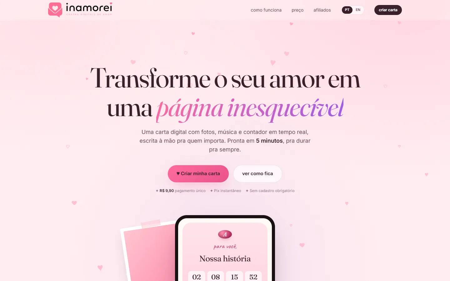 Página inicial do Inamorei com o título Transforme o seu amor em uma página inesquecível