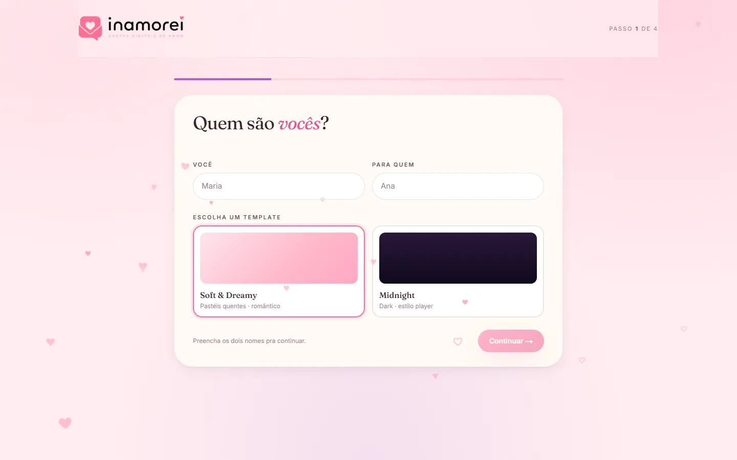 Primeiro passo da criação da carta: nomes do casal e escolha entre os templates Soft & Dreamy e Midnight